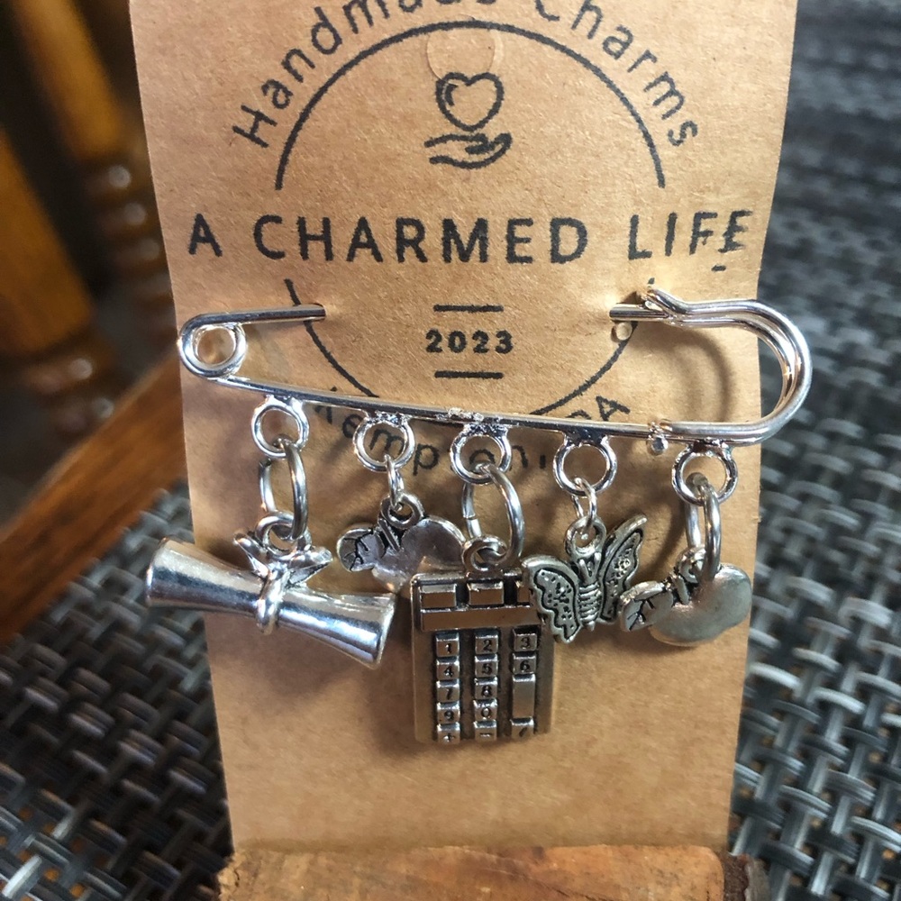 NWT, Handmade by A Charmed Life. Silver 2” Pin For Your Favorite Teacher